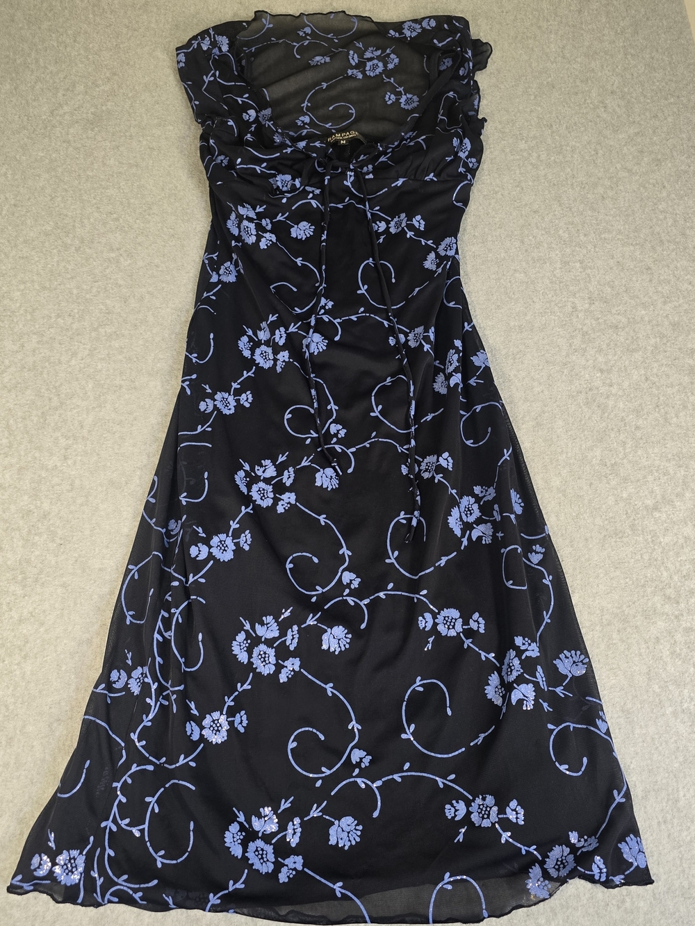 Rampage Womens M Y2K Black Blue Floral Mesh Midi Dress Sheer Romantic 90s